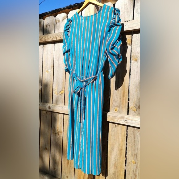 VTG 70s Blue Dress w/Rainbow Stripes - Picture 4 of 5